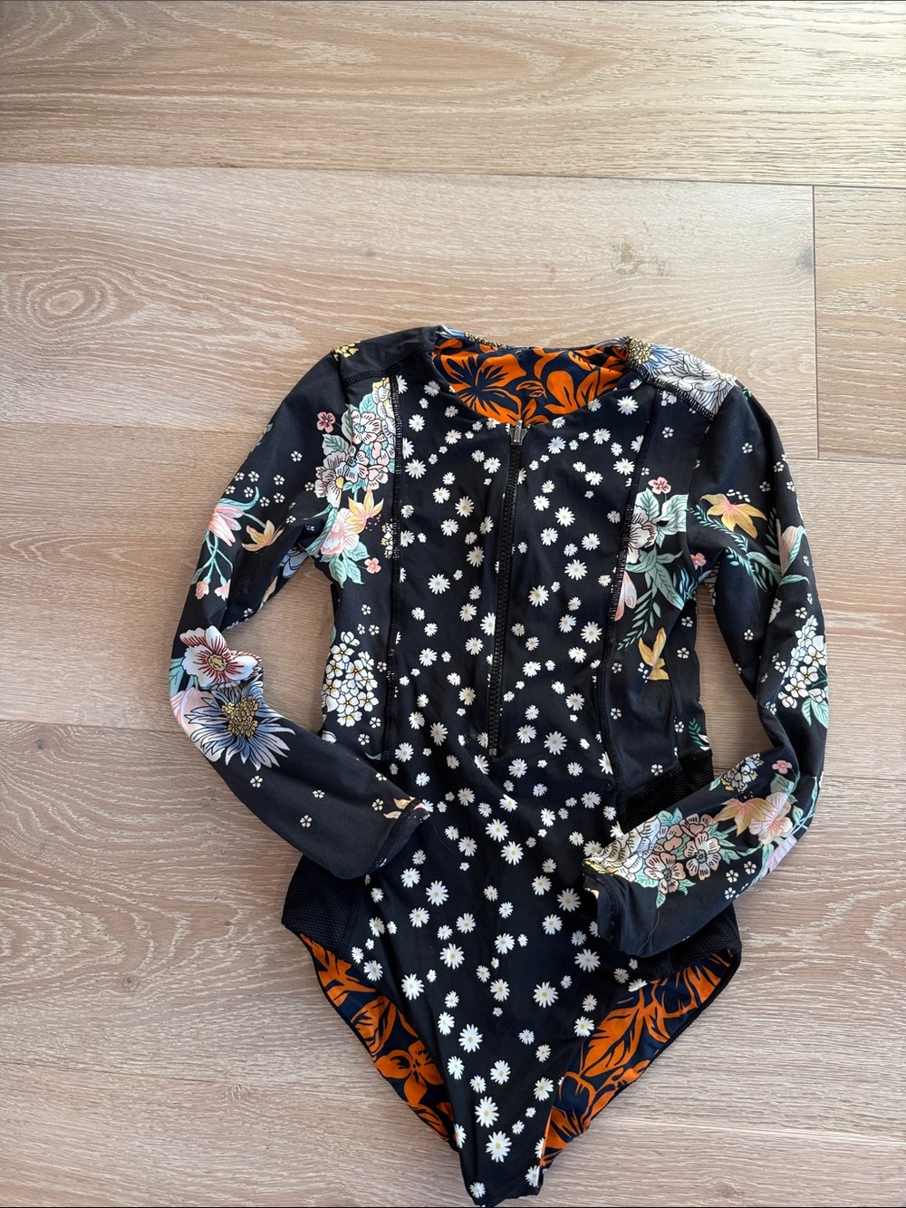 Maaji Orange and Black Floral Long-Sleeve Kids Swimsuit